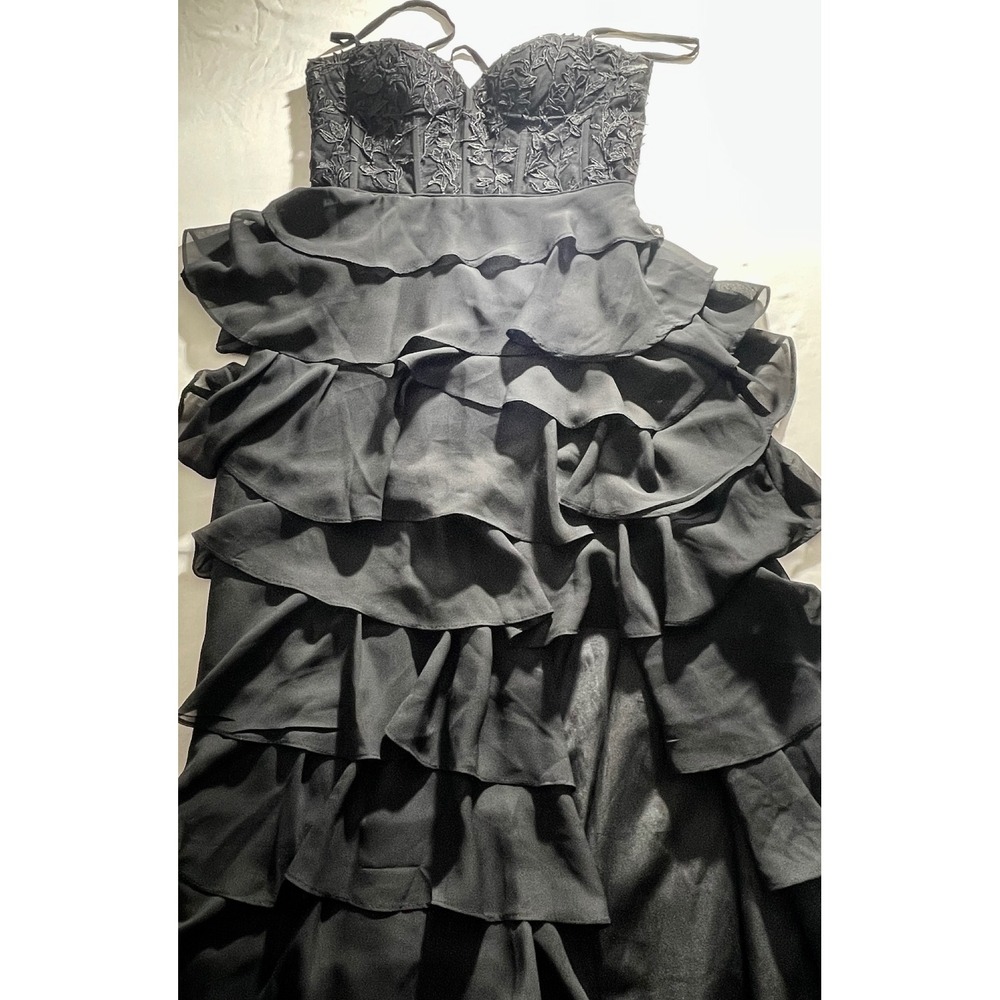 Black Tiered Ruffle Corset Gown Floral Embroidered Formal Prom Dress Size 8